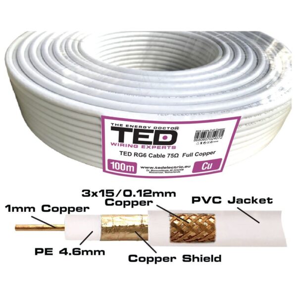Cablu coaxial 75 ohm RG6 CU si tresa Cupru TED, rola 100m TED002358