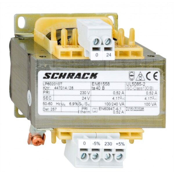 Transformator de comanda monofazat, 230V/24V, 100 VA, IP00 Schrack LP602010T