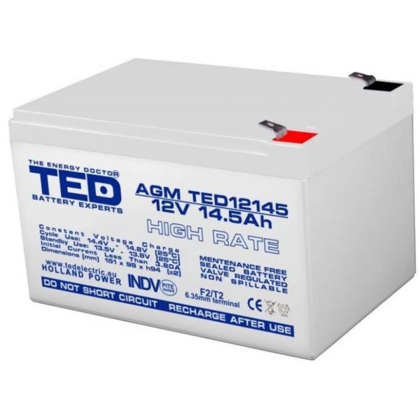Acumulator AGM 12V 14,5Ah High Rate F2 VRLA TED Electric TED12145