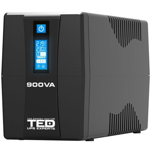 Ups 900VA/500W LCD TED Line cu stabilizator 2 iesiri schuko, repornire automata, 9Ah